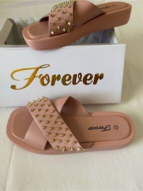 Forever Blush Studded Cross-Strap Slide Sandals for Women